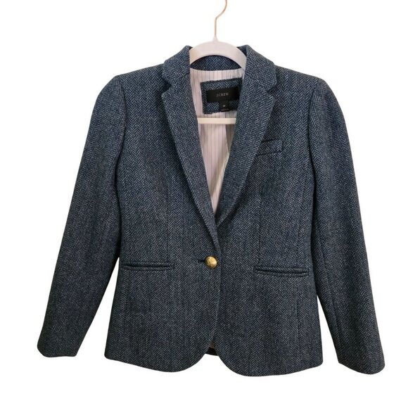 J.Crew Campbell Blue Herringbone Tweed Moon Wool Blazer Gold Button Size 0p - Picture 2 of 12